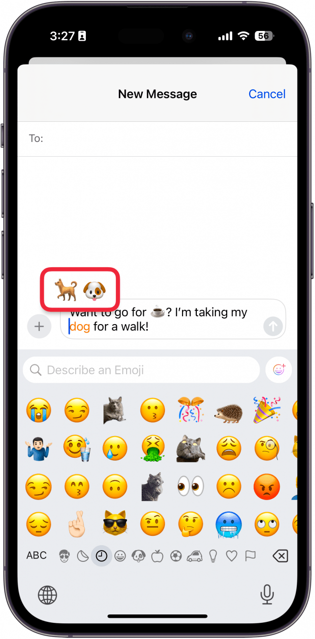 iphone messages app displaying an emoji replacer over the word dog with a red box around it