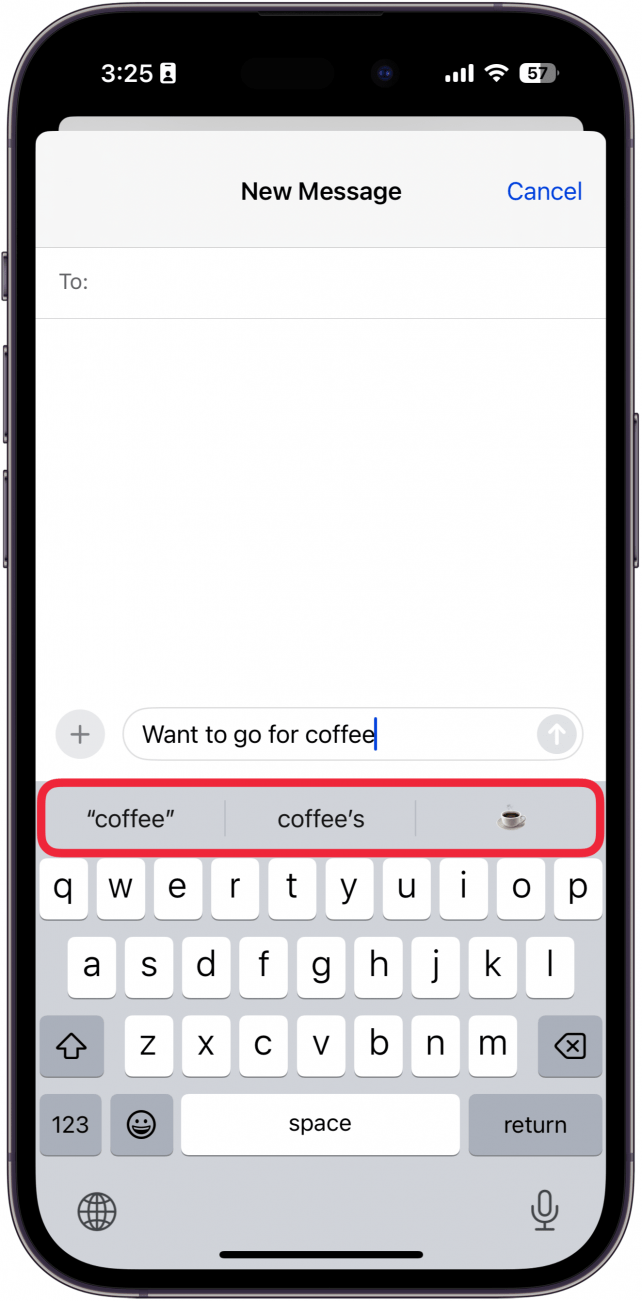 iphone messages app with a red box around predictive text bar above keyboard