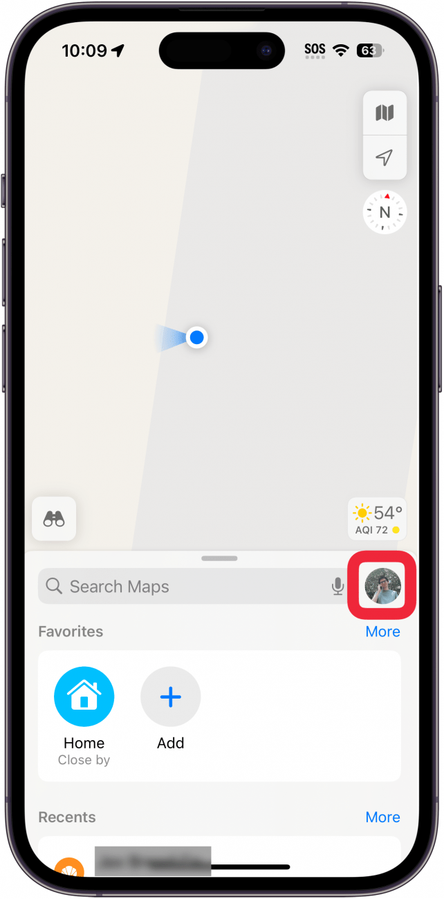 iphone maps app with a red box around profile icon