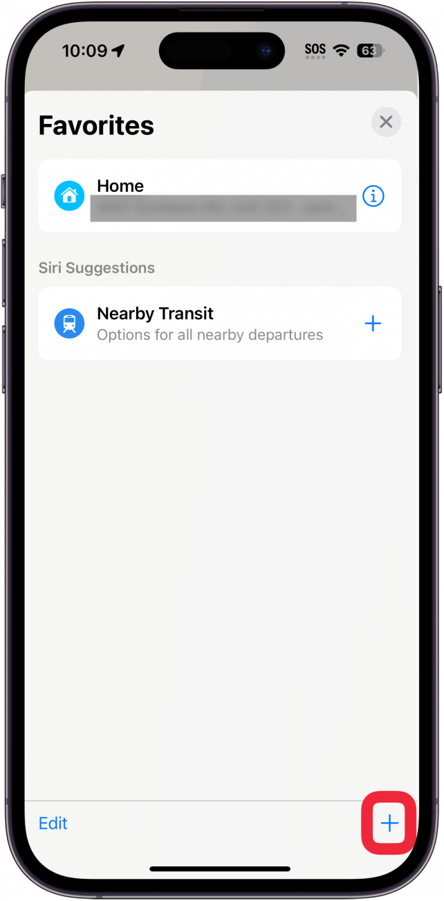 iphone maps favorites list with a red box around plus icon