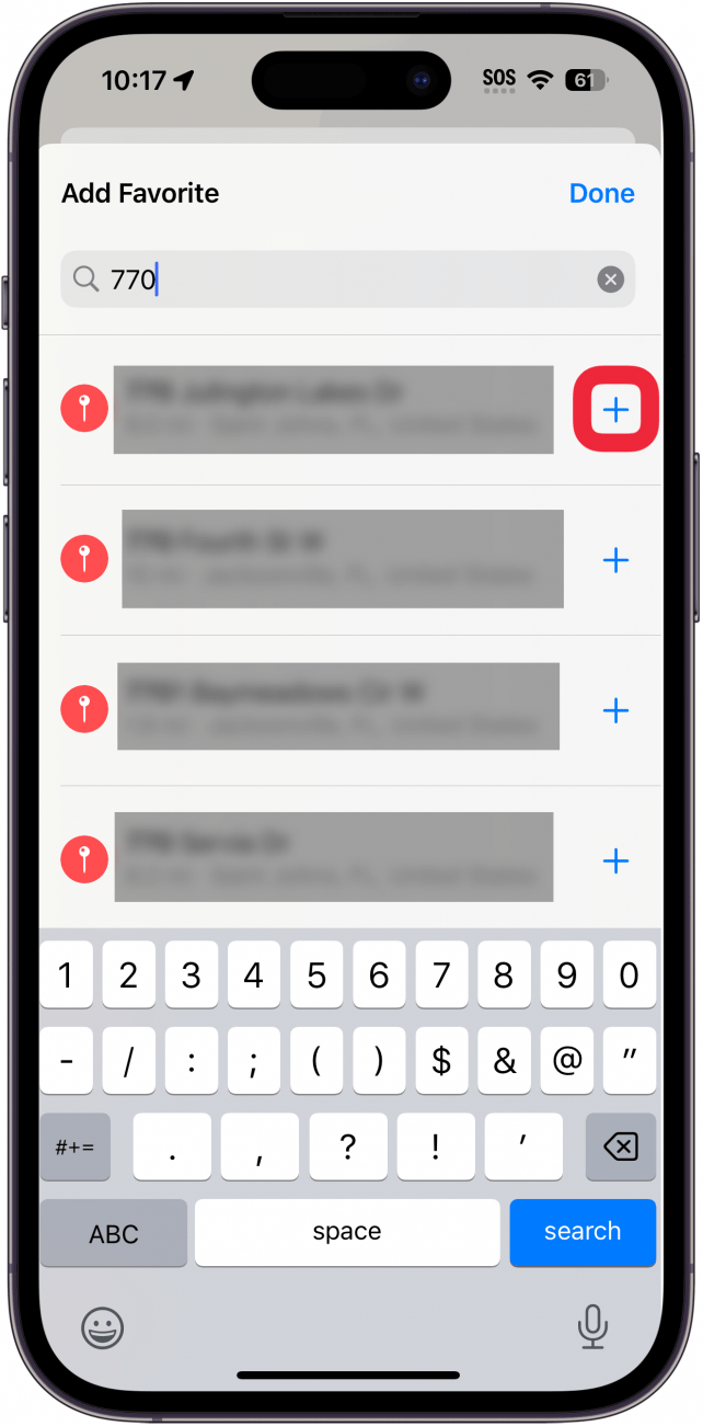 iphone maps add favorites with a red box around plus icon