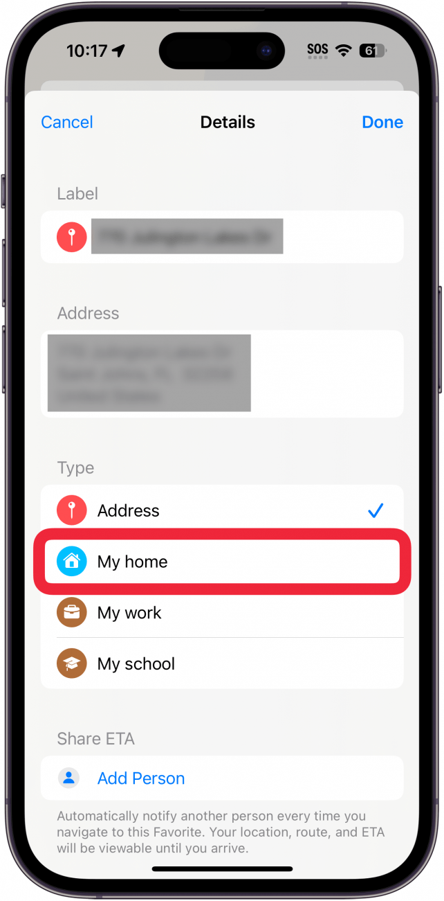 iphone maps add favorite with a red box around my home