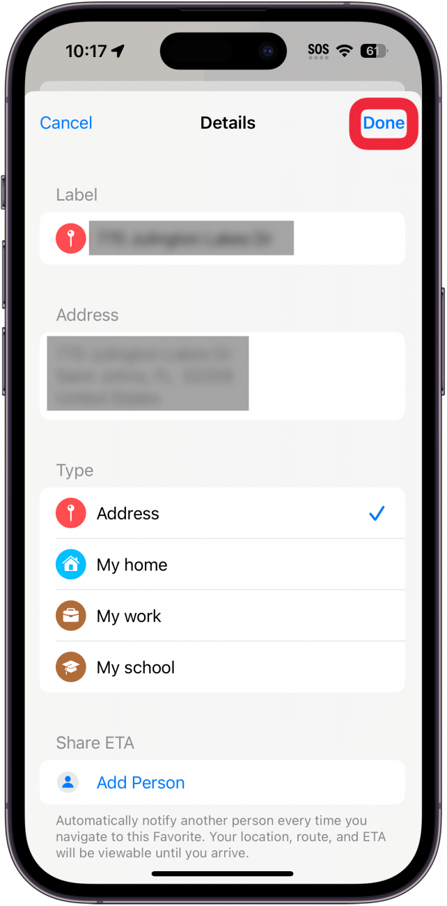 iphone maps add favorite with a red box around done button