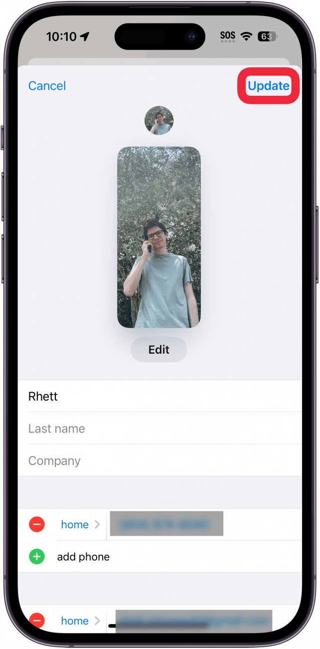 iphone contact card with a red box around update button