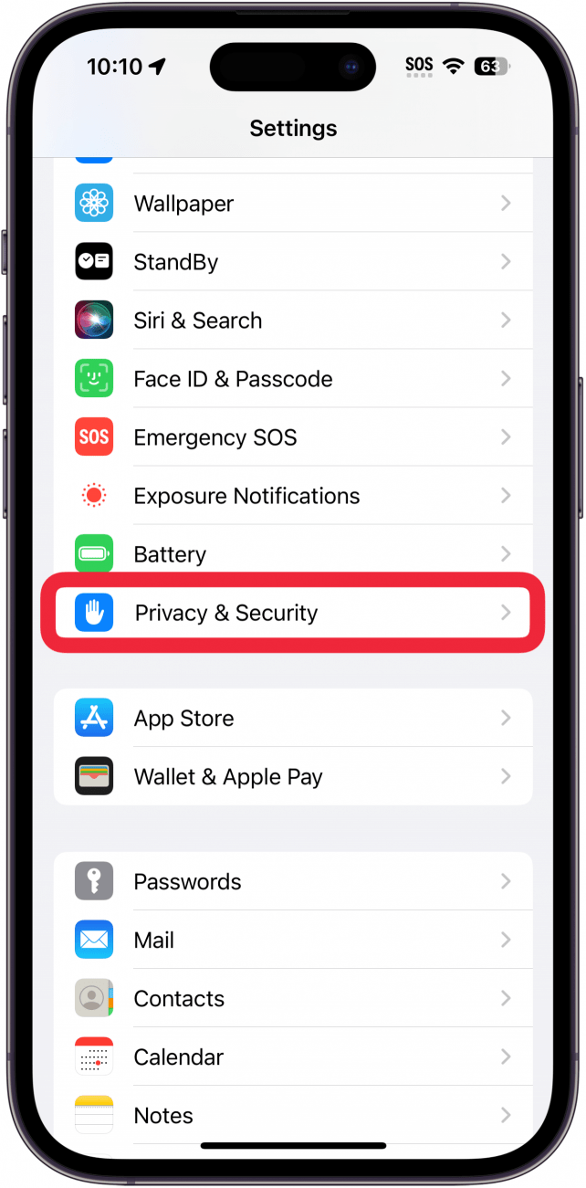 iphone settings app with a red box around privacy and security