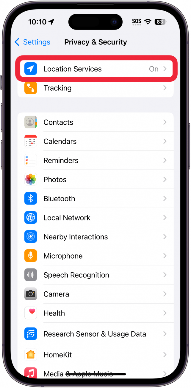 iphone privacy and security settings with a red box around location services