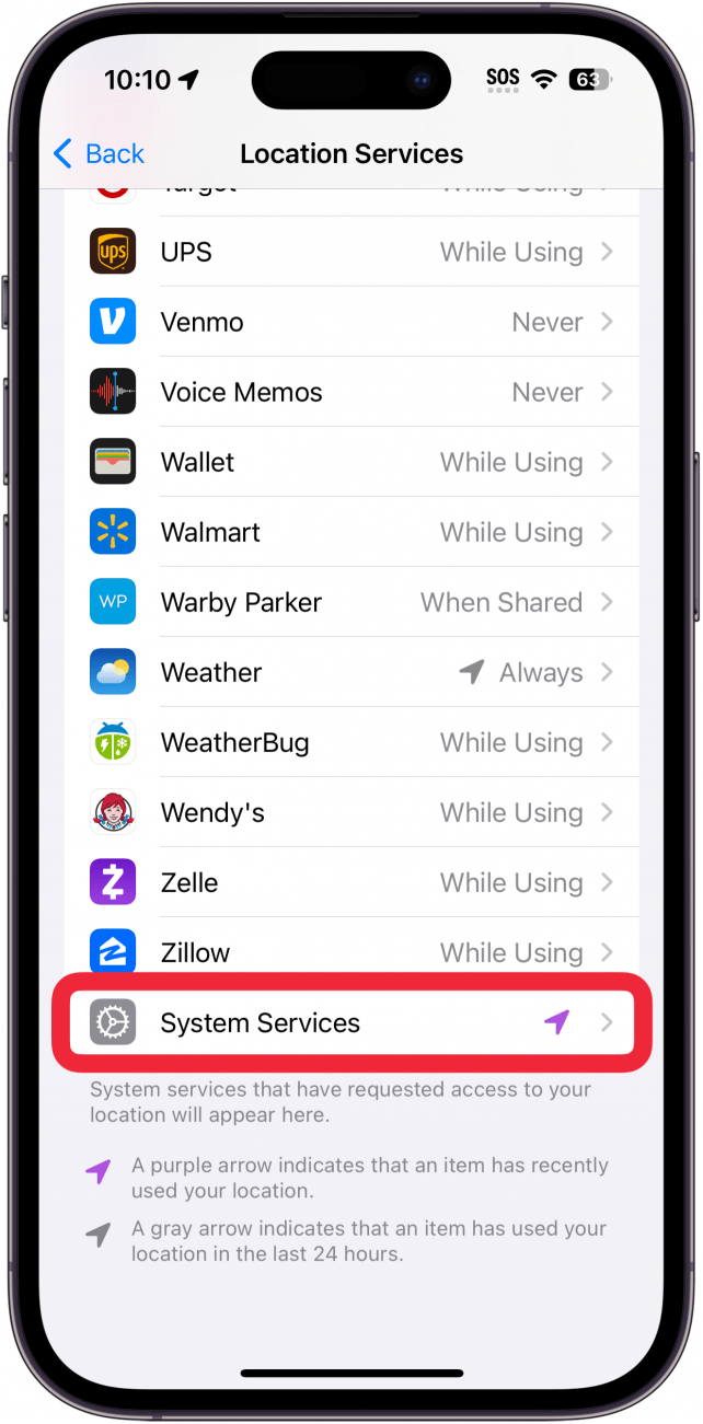 iphone location services settings with a red box around system services