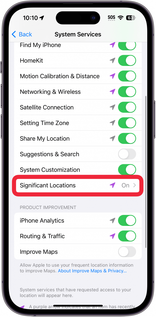 iphone system services location settings with a red box around significant locations