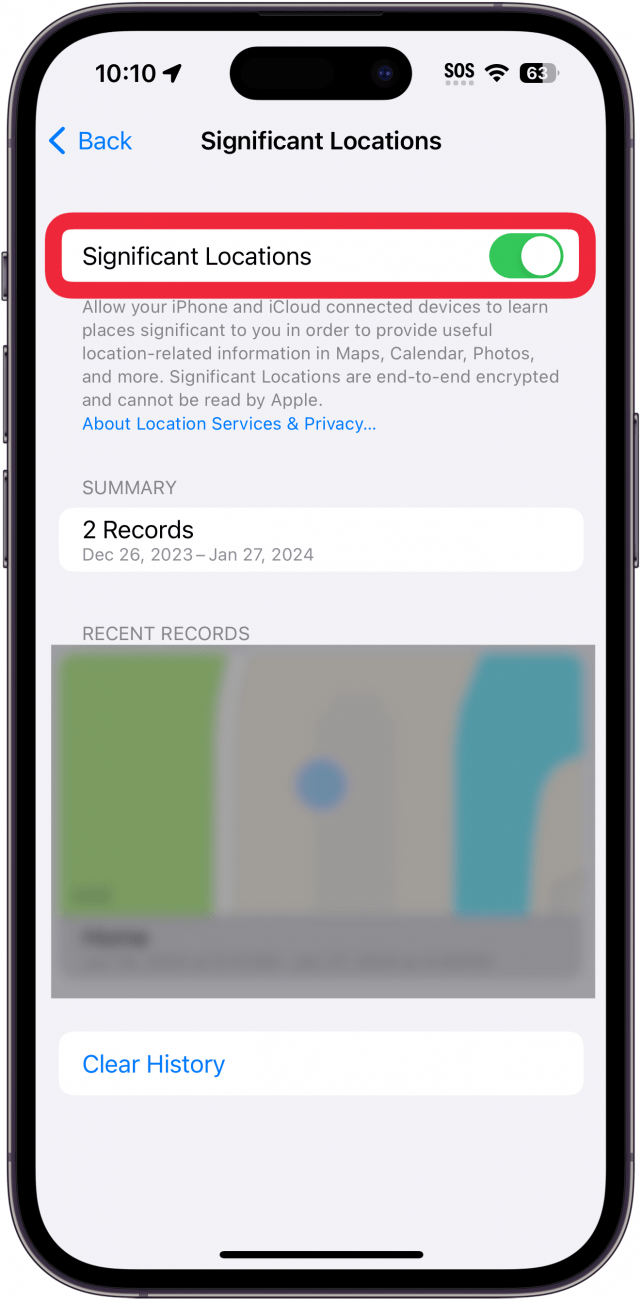 iphone significant location settings with a red box around significant locations toggle