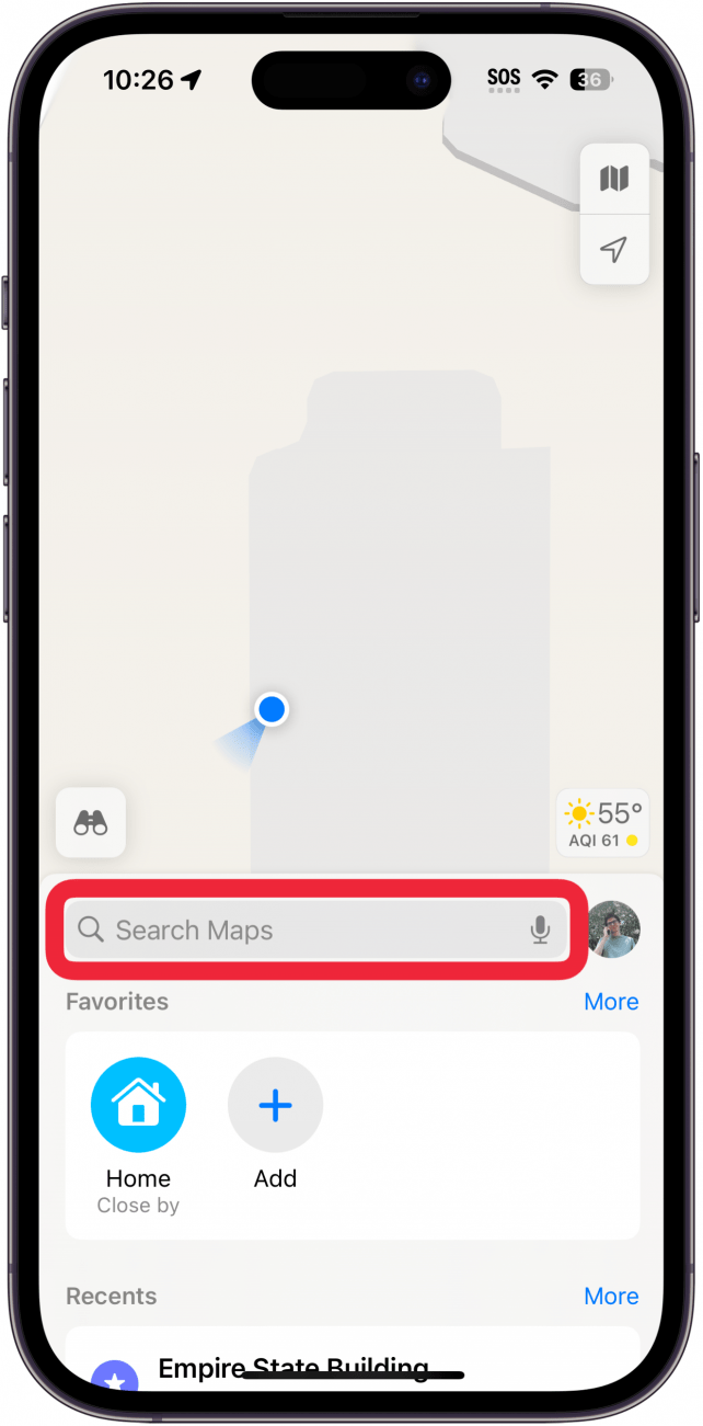 iphone maps app with a red box around the search bar