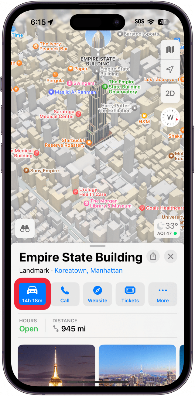 iphone maps result for empire state building with a red box around the directions button