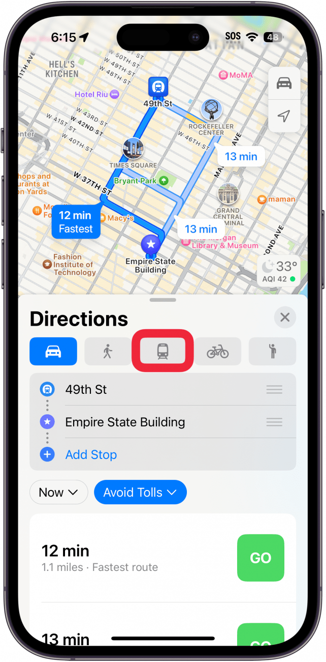 iphone maps directions with a red box around the public transit button