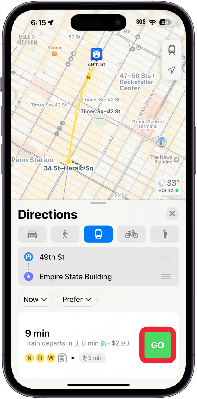 iphone maps directions with a red box around the go button