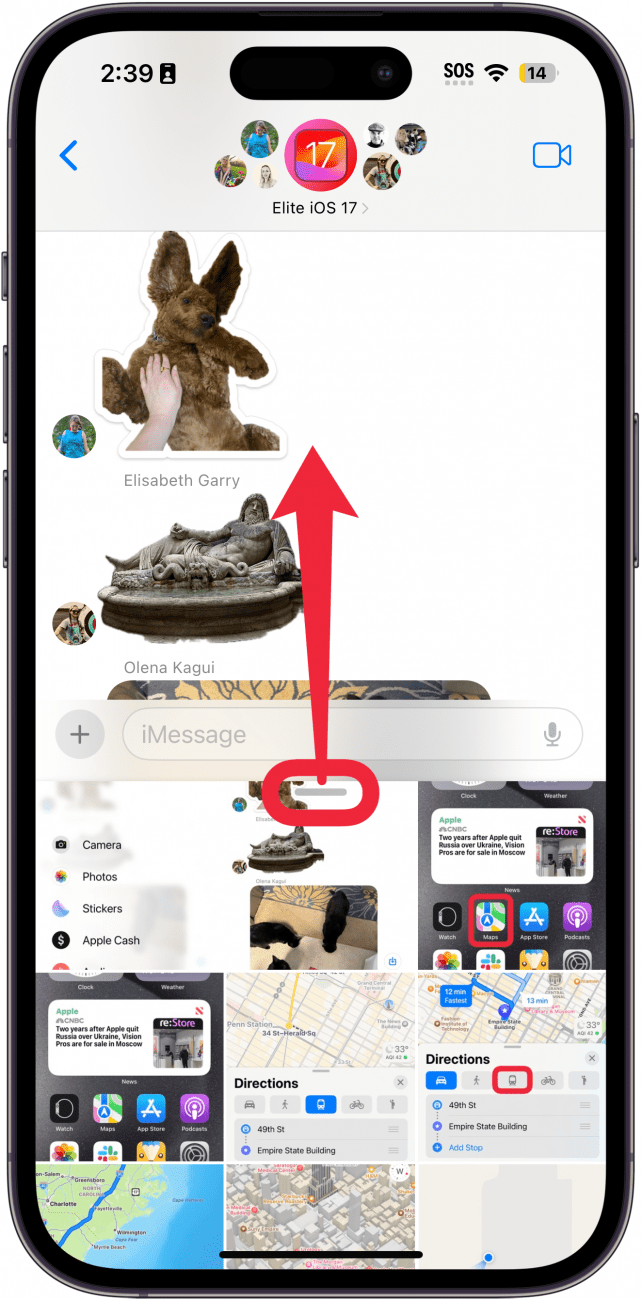 iphone messages app displaying photo gallery with a red box around gray expansion bar and a red arrow pointing upwards, indicating to tap and drag the bar upward