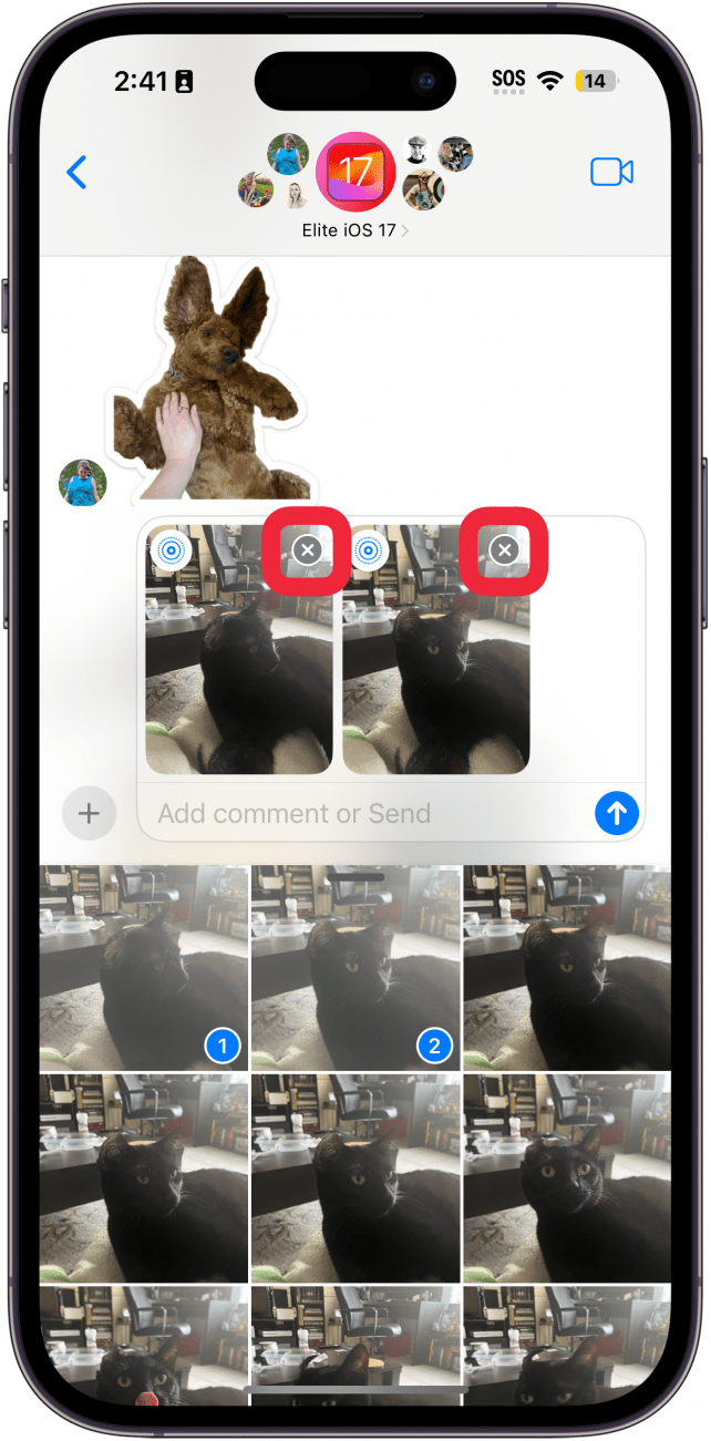 iphone messages app showing two attached photos with a red box around the x icon