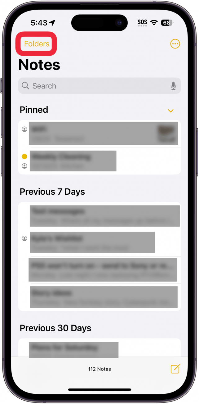 iphone notes app with the folders button circled in red