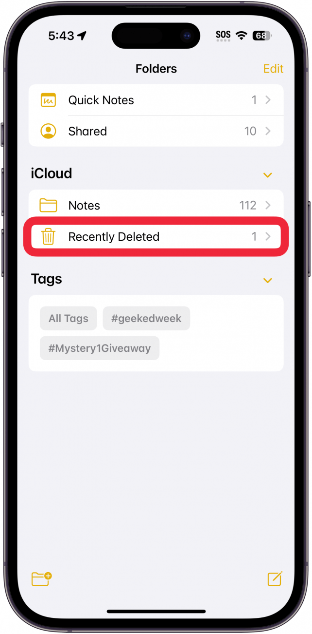 iphone notes folders list with the recently deleted folder outlined in red