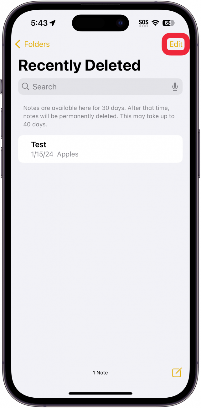 iphone notes recently deleted folder with edit button circled in red