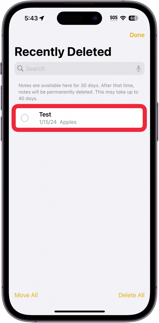 iphone notes recently deleted folder with a red box around a deleted note