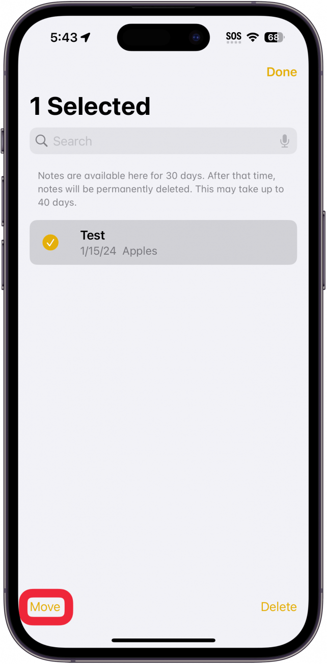 iphone notes recently deleted folder with a red box around move button