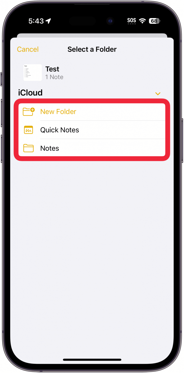 iphone notes recently deleted folder with a red box around a list of folders to move the deleted note to