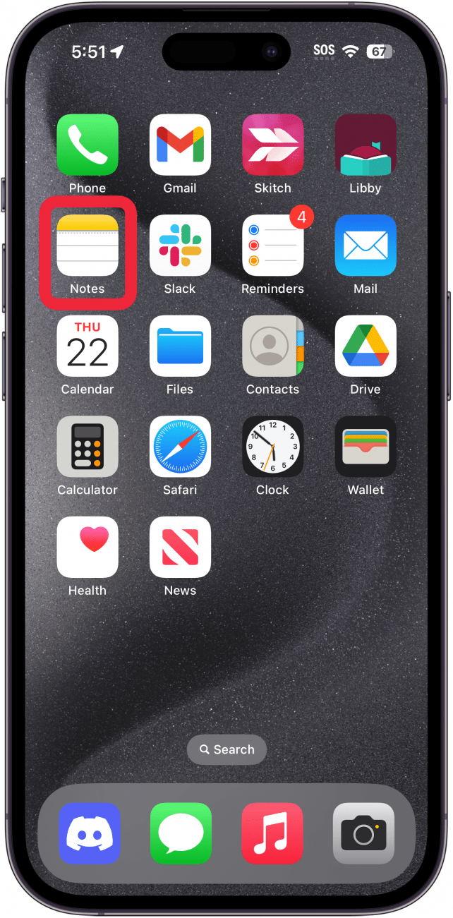 iphone home screen with a red box around the notes app