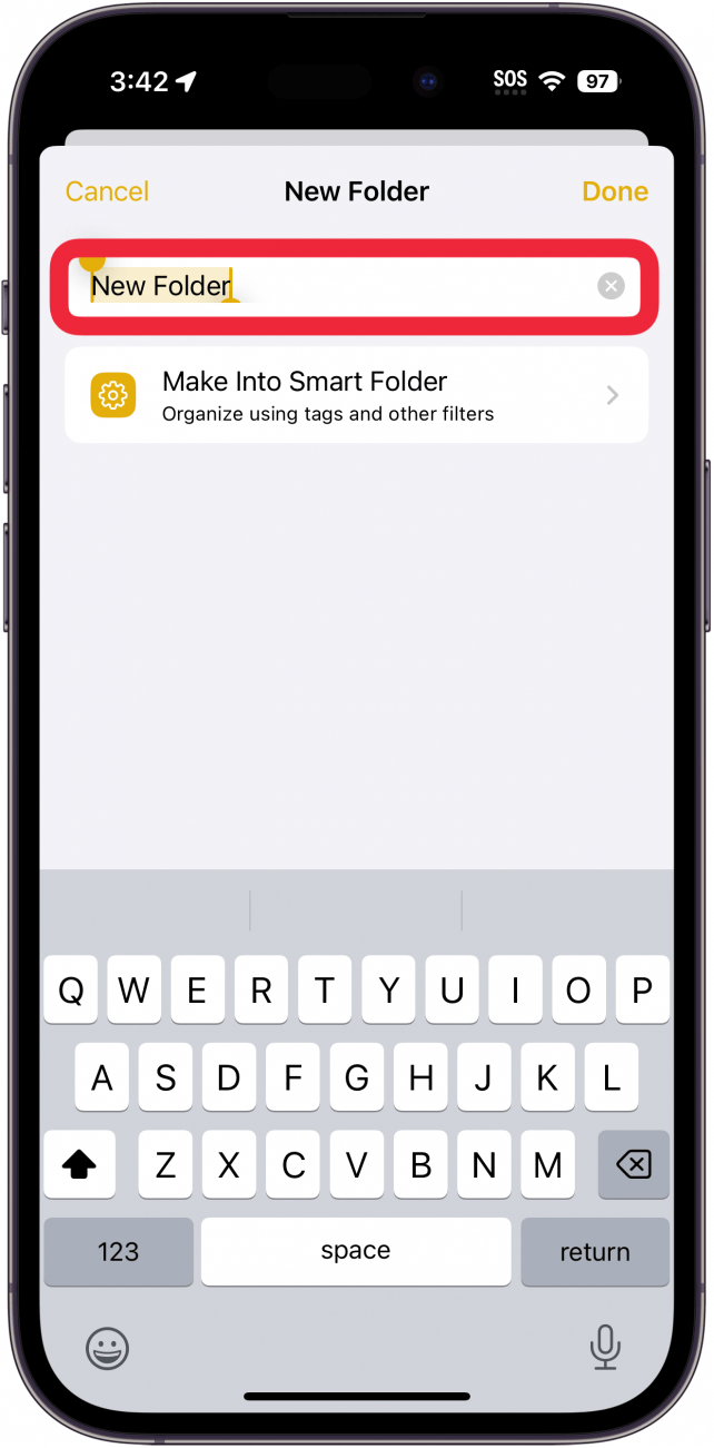 iphone notes new folder screen with a red box around the name field