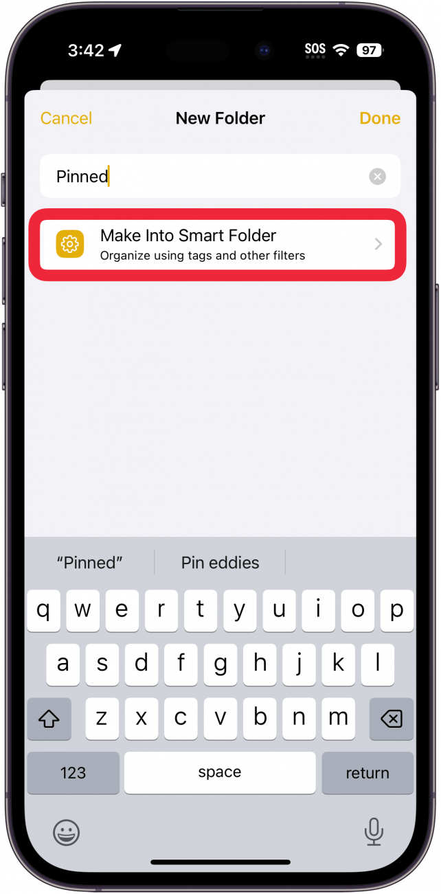 iphone notes new folder screen with a red box around Make into smart folder button 