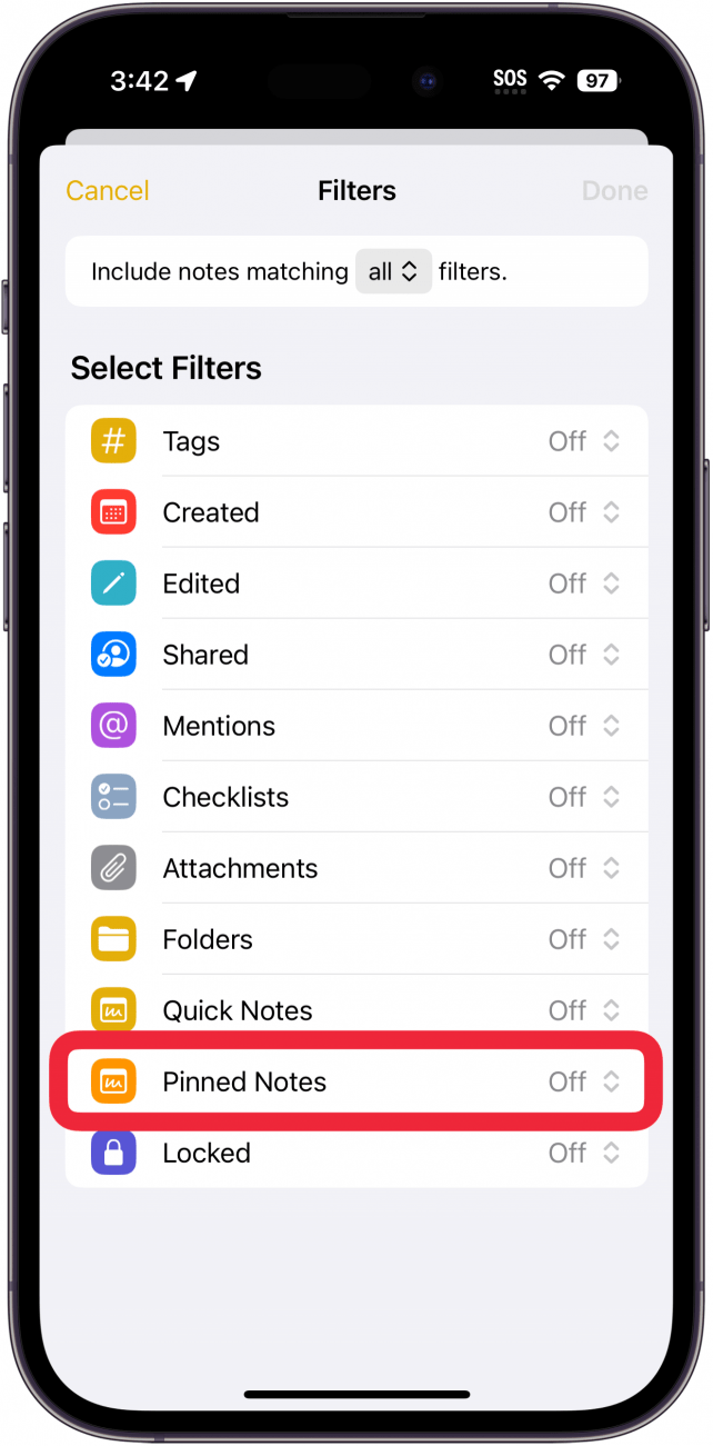 iphone notes smart folder filter customization with a red box around pinned notes filter