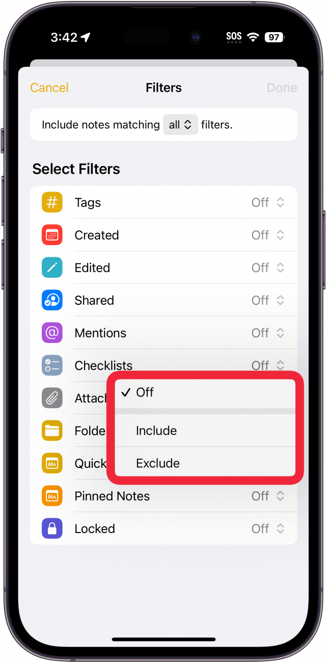 iphone notes smart folder filter customization with a red box around pinned notes options for include, exclude, and off