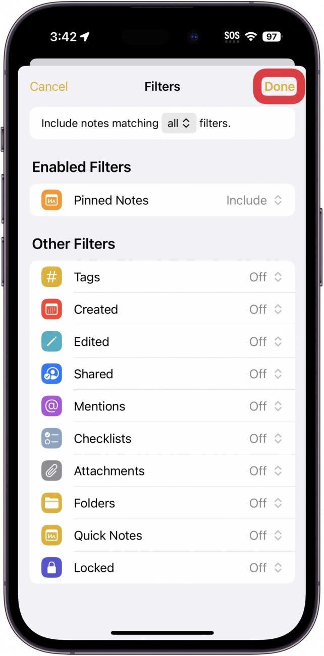 iphone notes smart folder filter customization with a red box around done button