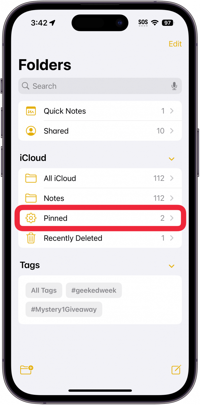 iphone notes folder list with a red box around the pinned notes smart folder