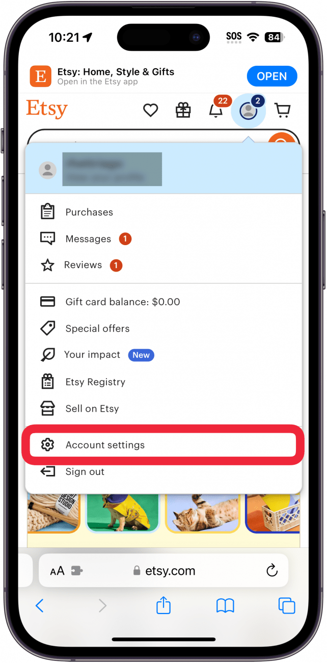 iphone safari displaying etsy website with a red box around account settings