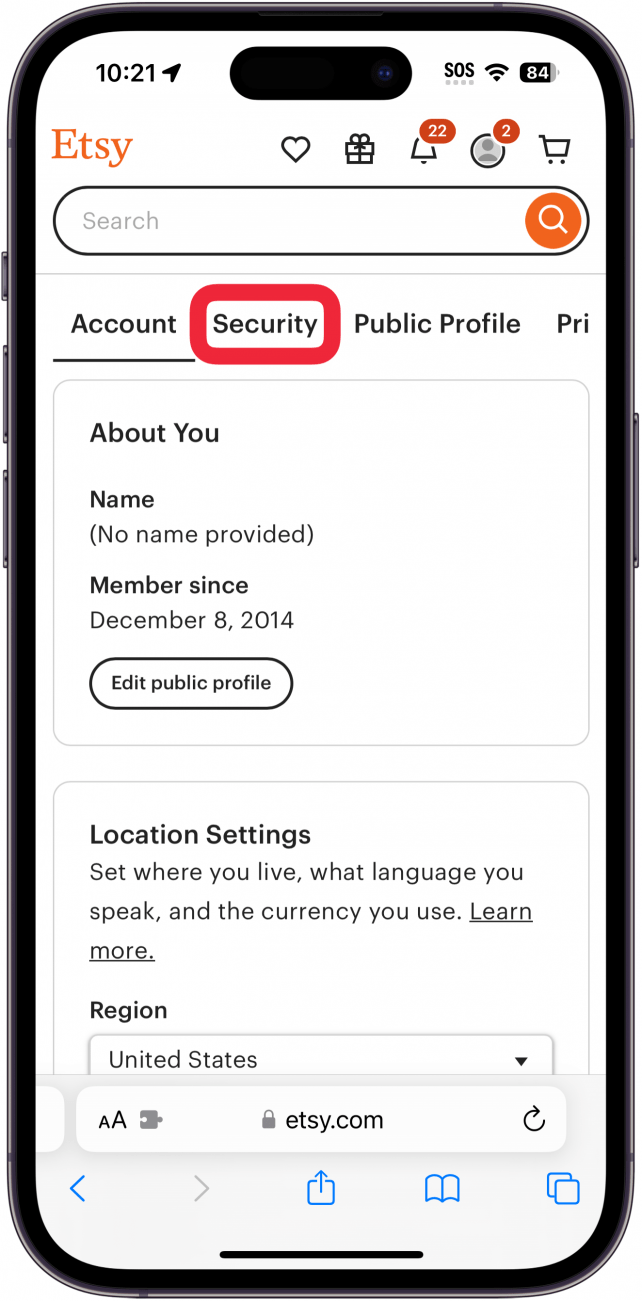 iphone safari displaying etsy account settings with a red box around security tab