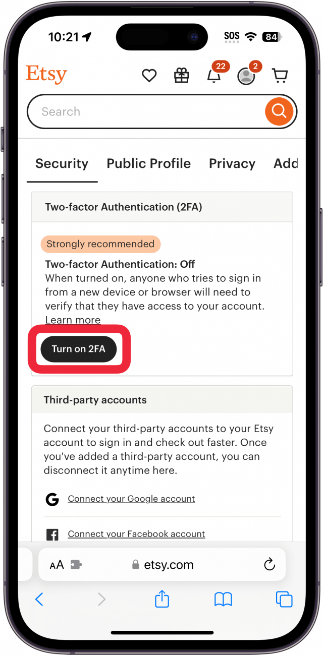 iphone safari displaying etsy account security settings with a red box around 2FA button