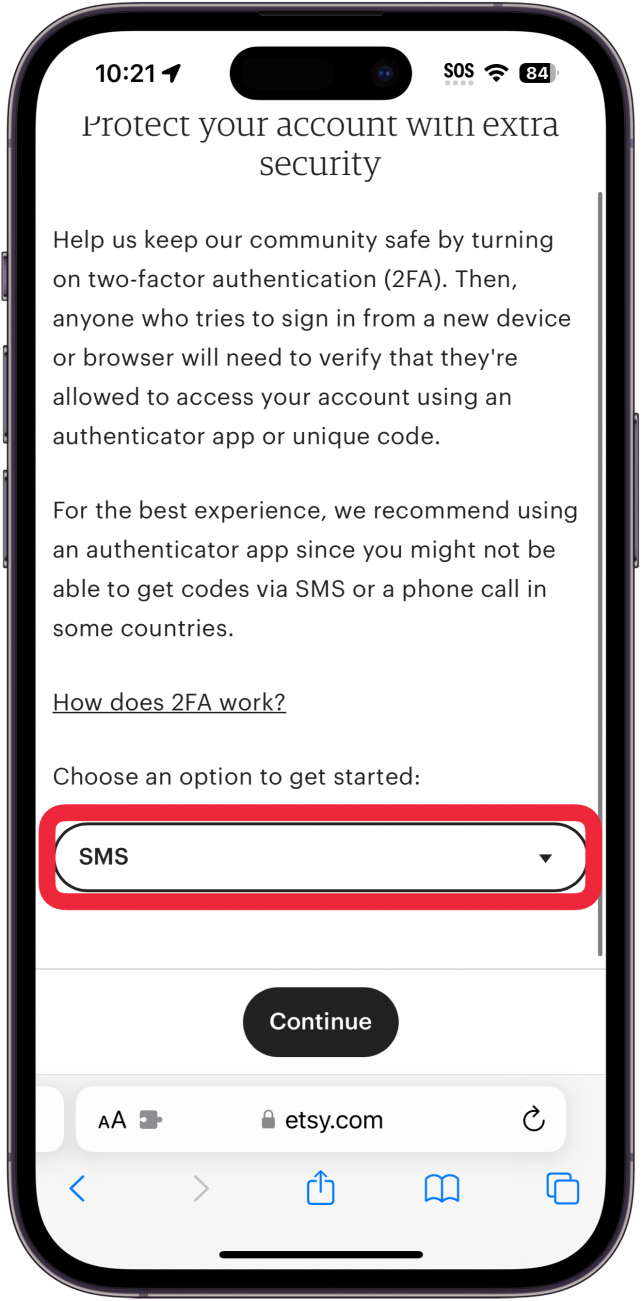 iphone safari displaying etsy multi factor authentication setup with a red box around dropdown menu displaying sms