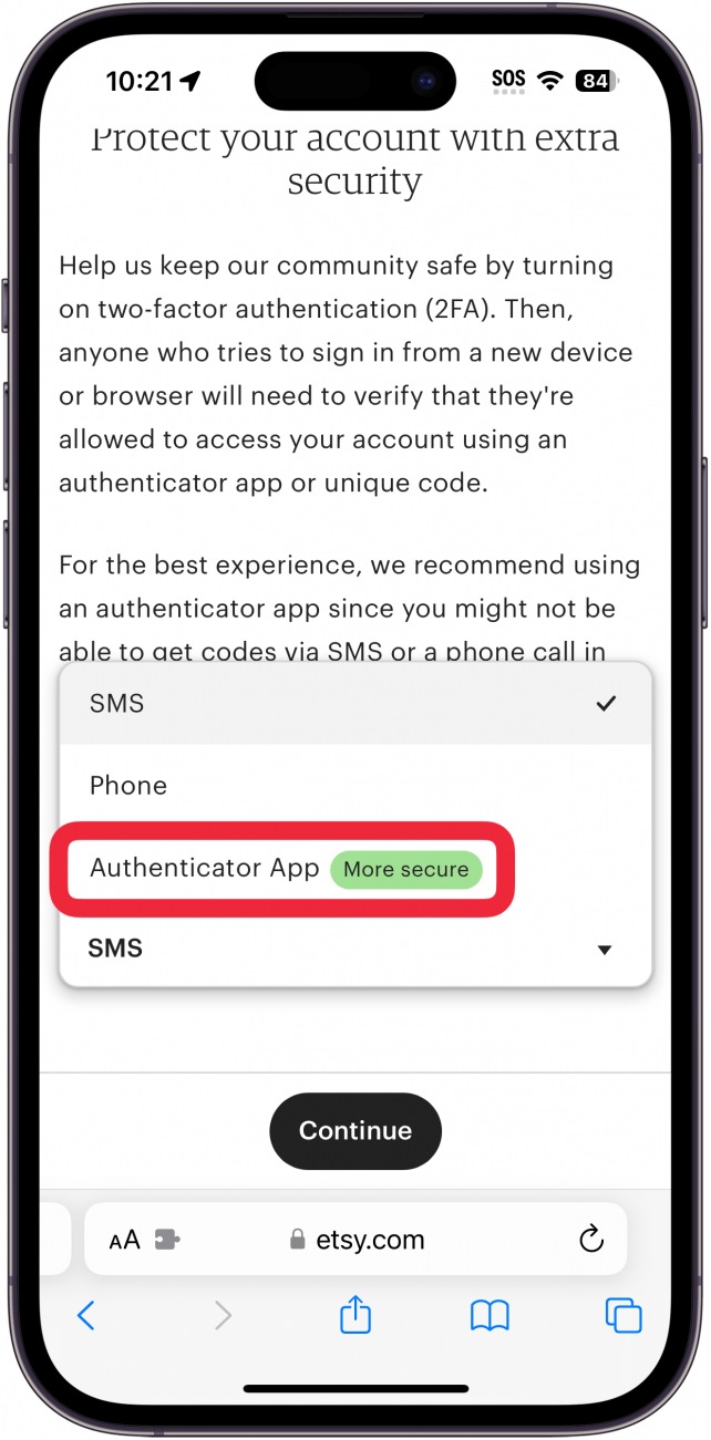 iphone safari displaying etsy multi factor authentication setup with an expanded dropdown and a red box around authenticator app