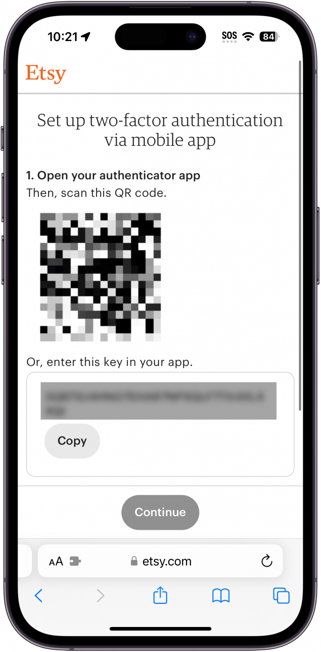 iphone safari displaying etsy multi factor authentication setup with a QR code and a setup key