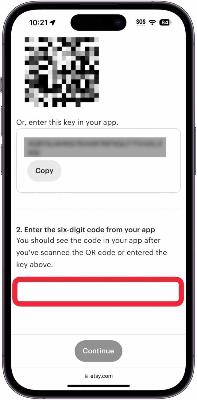 iphone safari displaying etsy multi factor authentication setup with a red box around the 2fa code entry field