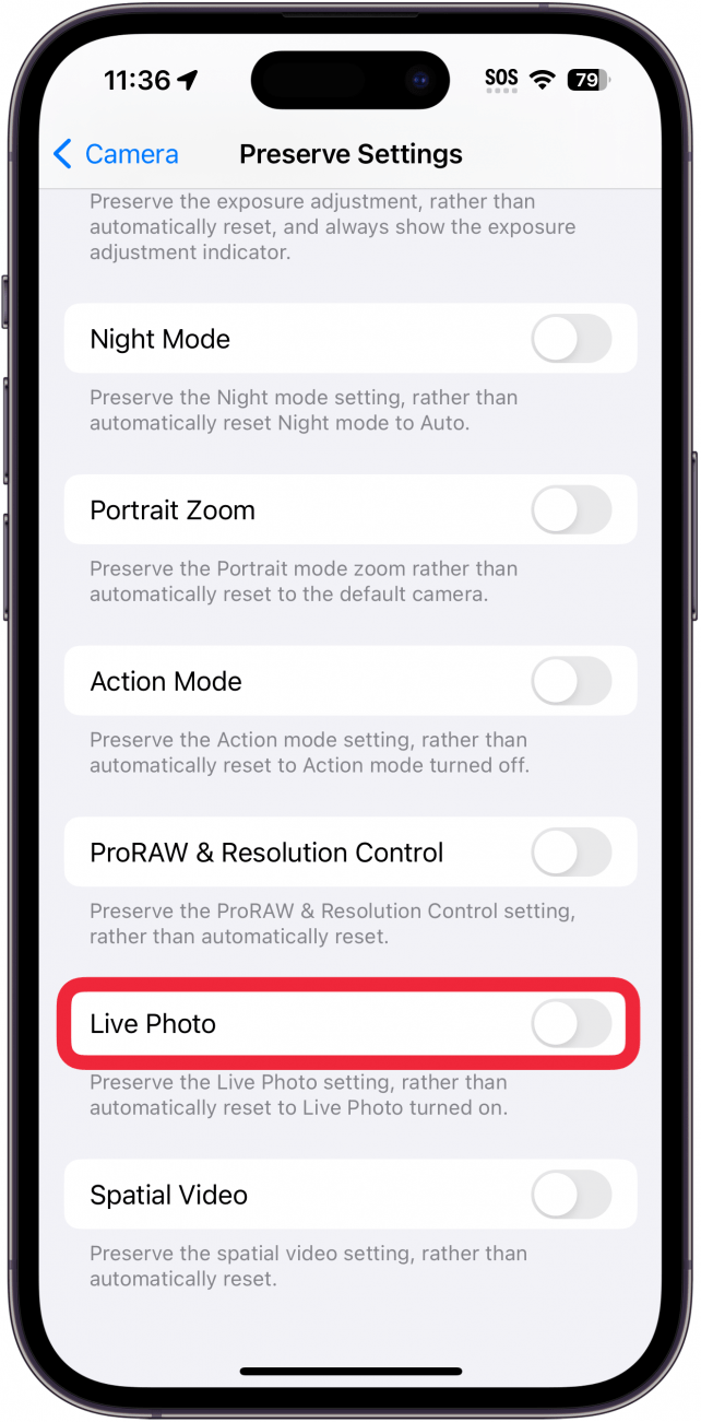 iphone camera preserve settings screen with live photo toggle outlined in red