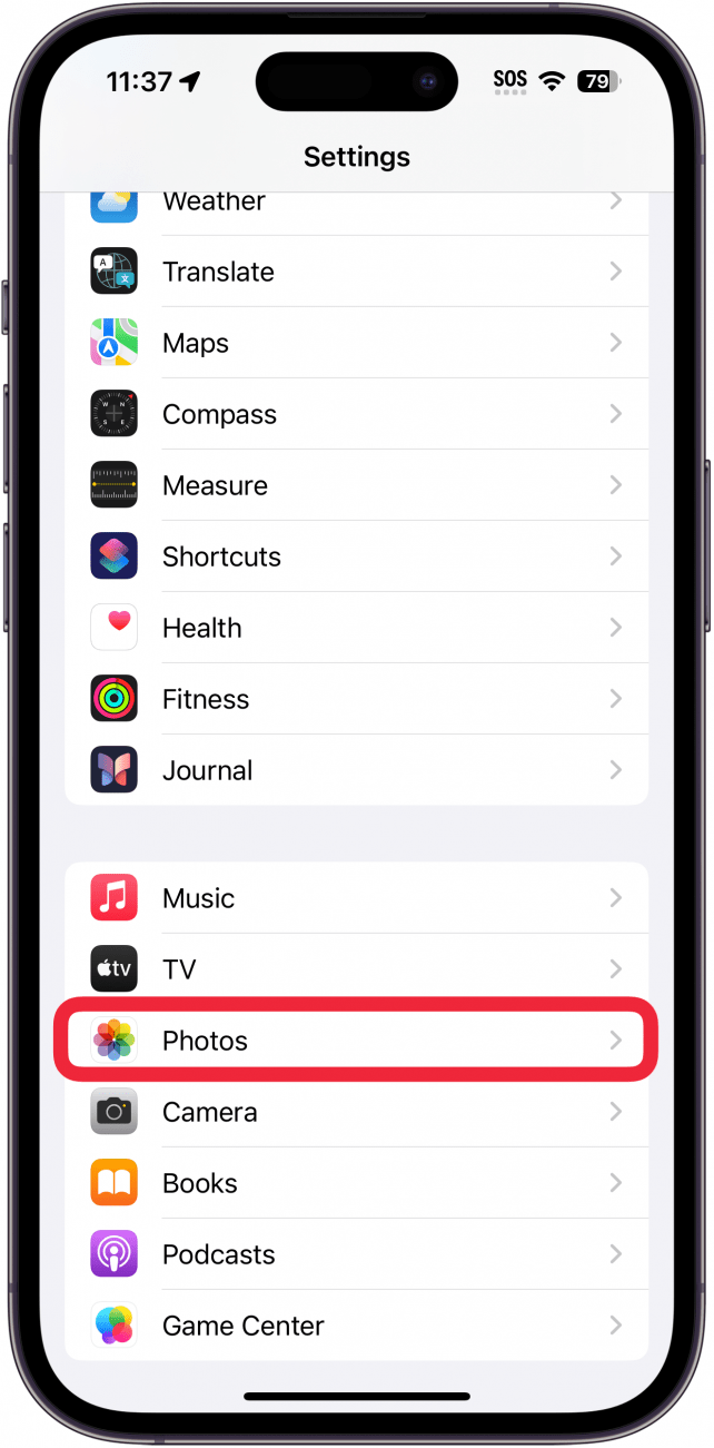 iphone settings with a red box around photos