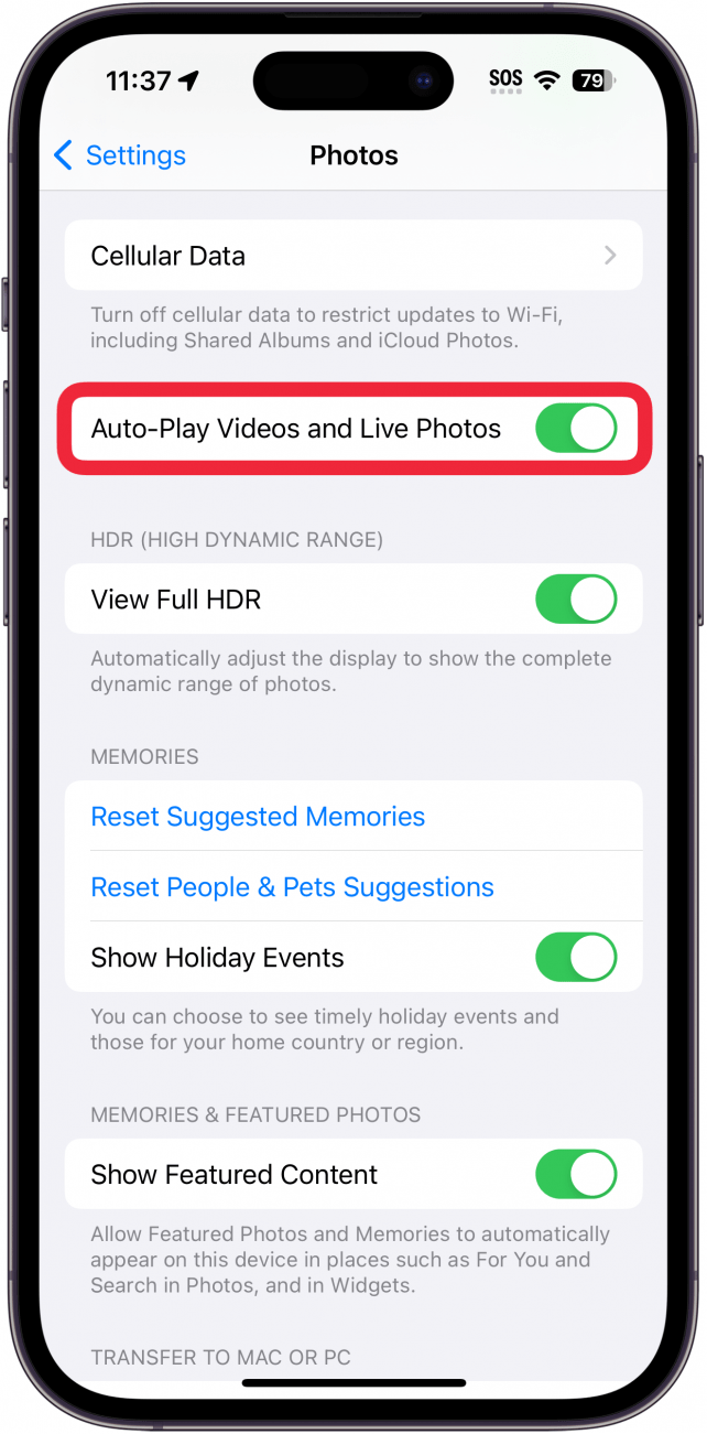 iphone photos settings with a red box around Auto-Play Videos and Live Photos toggle