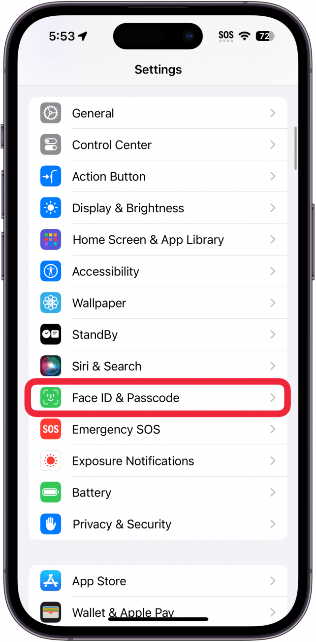 iPhone settings with a red box around face id and passcode