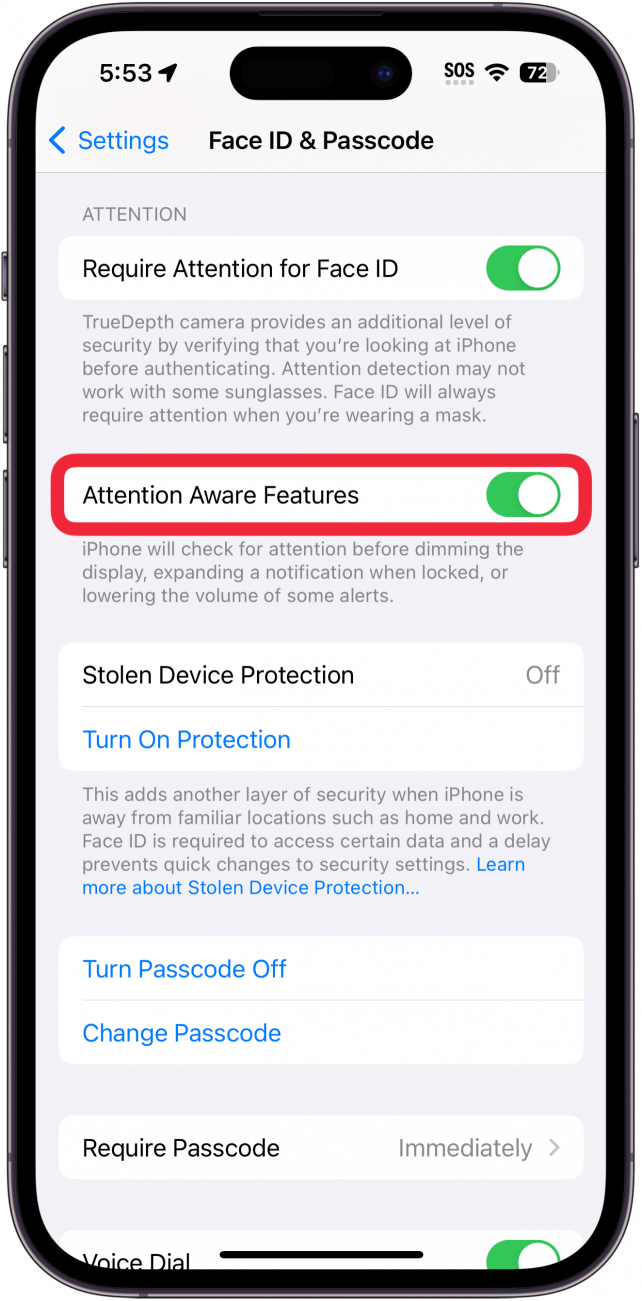 iphone face id settings screen with a red box around attention aware features toggle