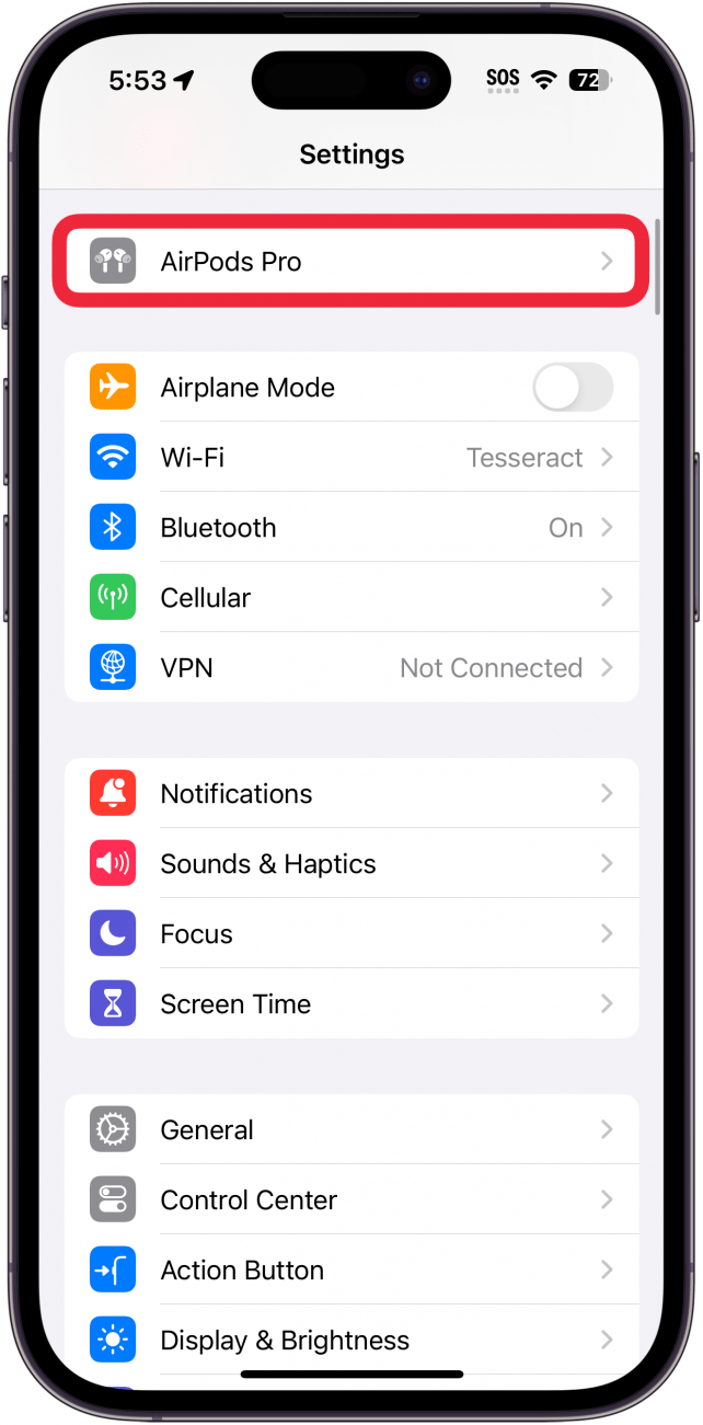 iphone settings app with a red box around airpods