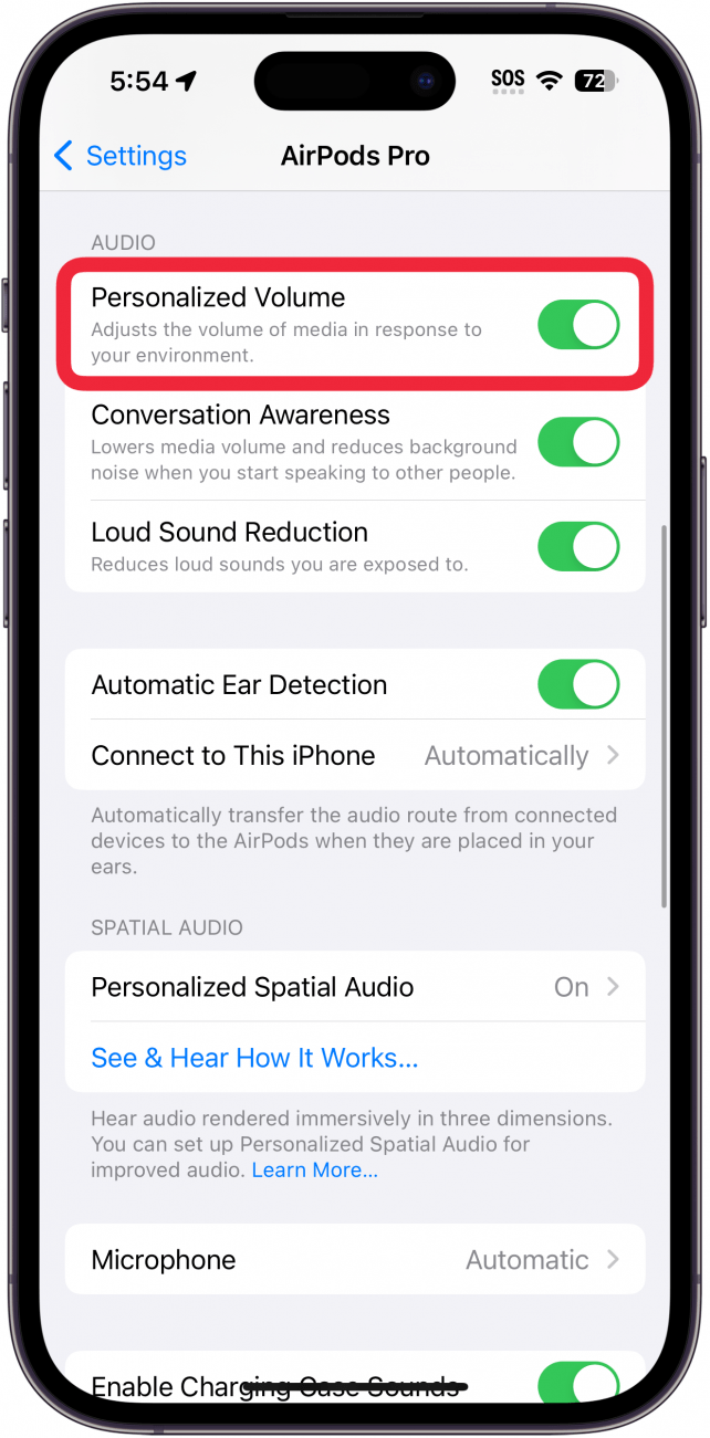 iphone airpods setting screen with a red box around personalized volume toggle