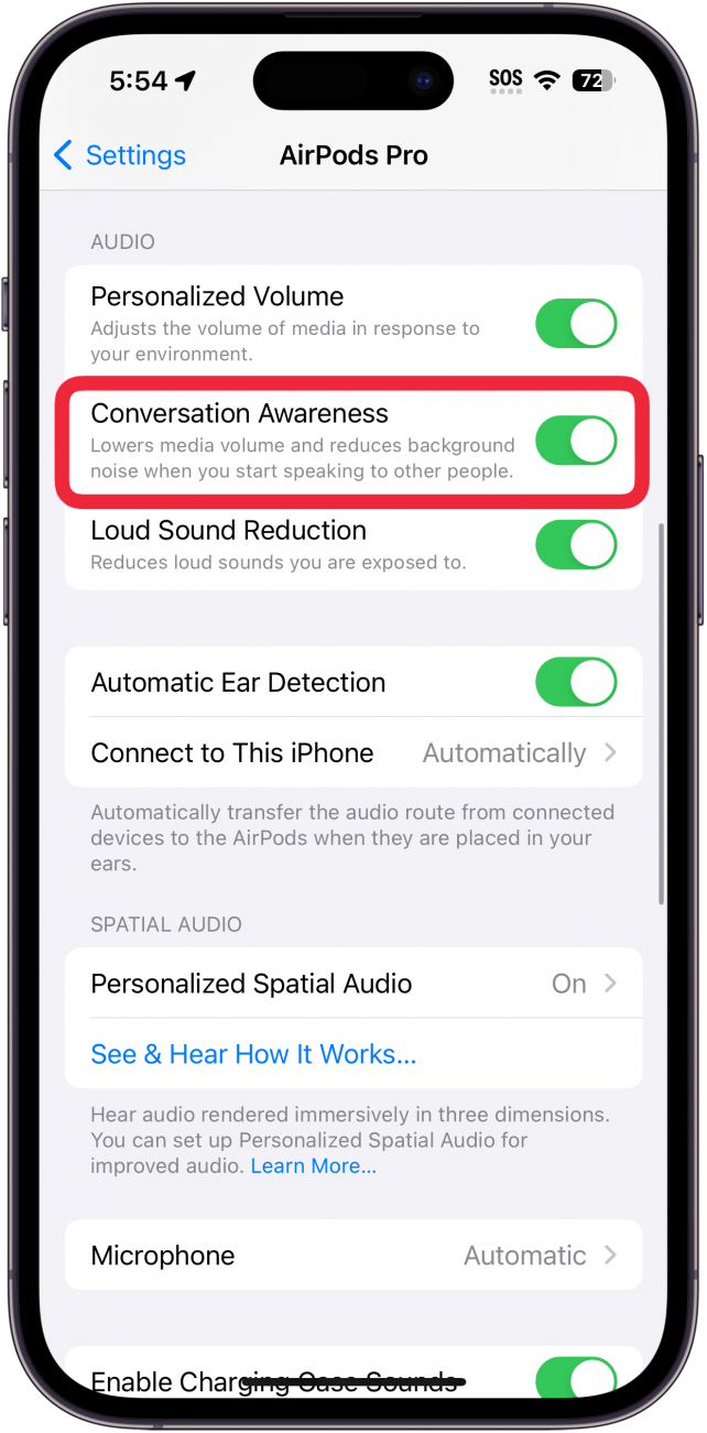 iphone airpods setting screen with a red box around conversation awareness toggle