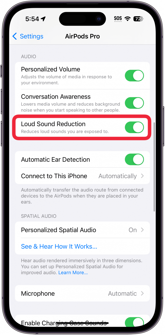 iphone airpods setting screen with a red box around reduce loud sounds toggle