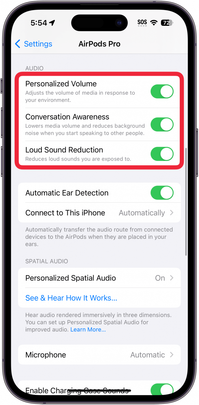 iphone airpods setting screen with a red box around audio settings section with toggles for personalized volume, conversation awareness, and reduce loud sounds