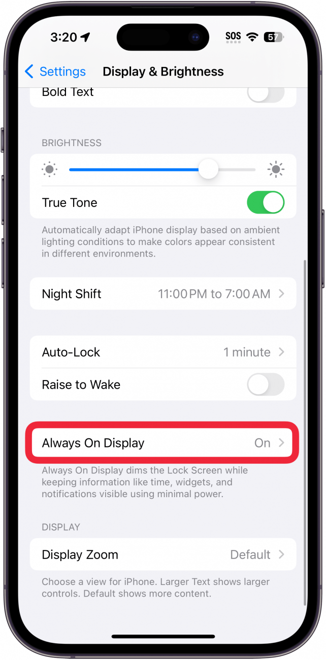 iphone display settings with a red box around always on display